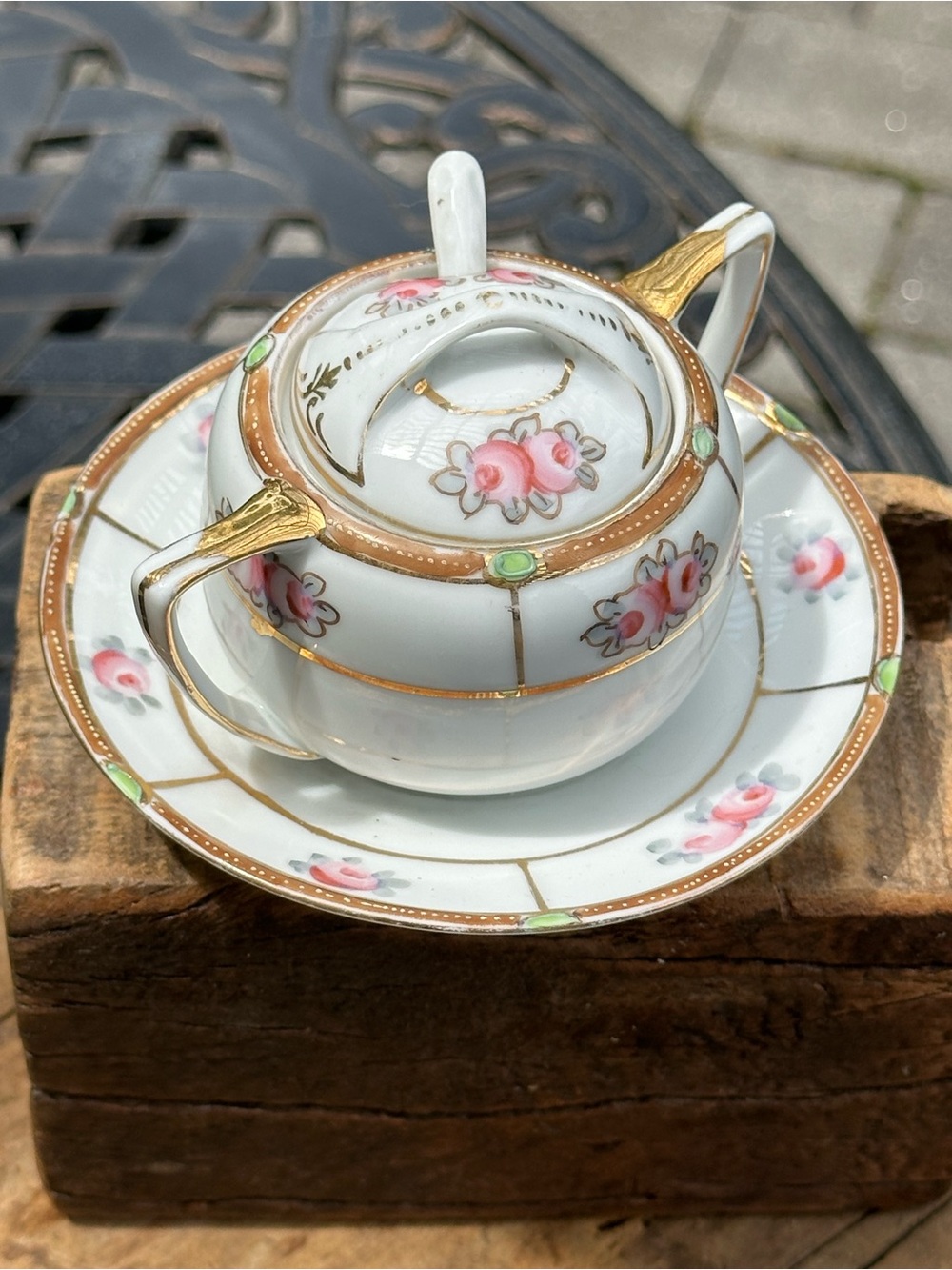 Vintage Nippon Hand Painted Rose Condiment Mustard Pot Spoon Attached Saucer